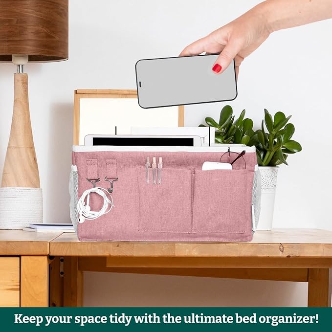 Bedside Caddy Organizer Hanging Storage Bag with Pockets for Books, Magazines, Phone, Tablet & Water Bottle – 2-Pack Bedside Storage for Dorm Rooms, Bunk Beds, Hospital Beds & Cribs,Pink