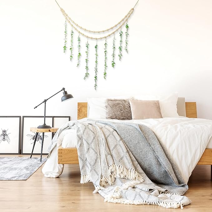 Hanging Eucalyptus Boho Wall Decor Large Boho Bedroom Wall Hanging Wooden Bead Garland Artificial Eucalyptus Natural Greenery Decoration, 36 x 36 Inch