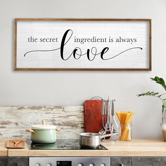 TQianJiang Kitchen Wall Decor The Secret Ingredient Is Always Love Sign 32"×12" Heartwarming Quote for Dining Room Mother's Day Large Farmhouse Rustic Wood Framed Wall Plaque Hanging Art (Wood)