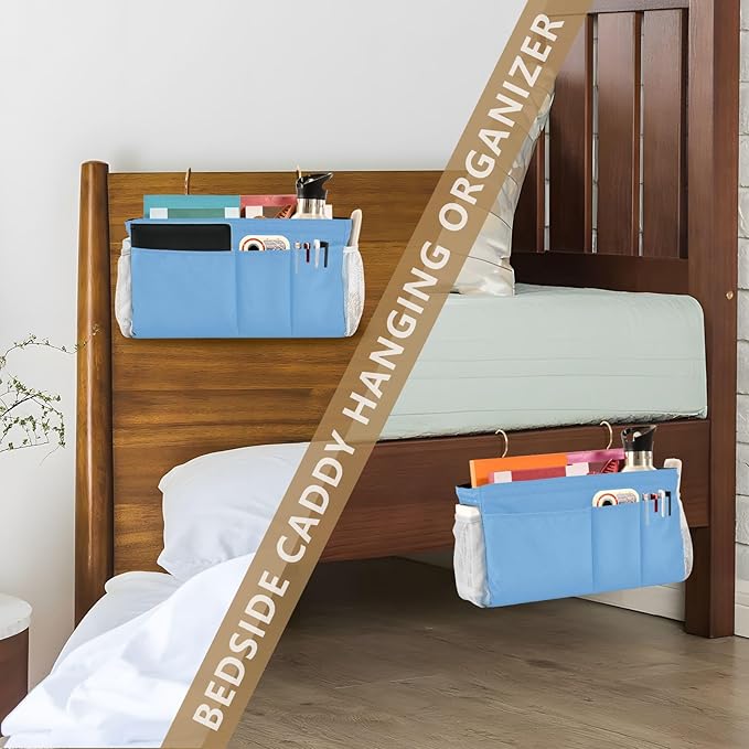 Lake Blue Bedside Caddy Storage Bag Bedside Organizer for Dorm Room Top Bunk Bed Bedside Shelf Hanging Organizer 6 Pockets with Hooks for Glasses Book Tablet Holder