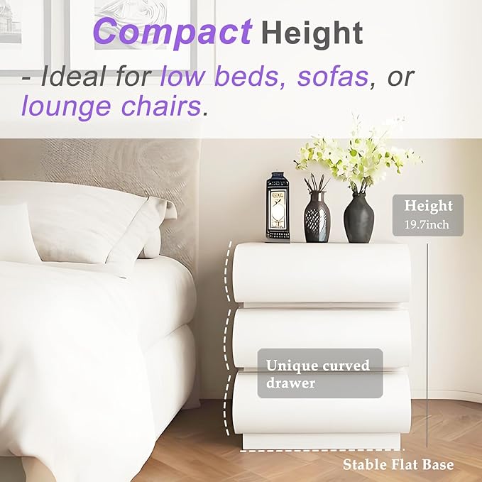Modern Nightstand with Storage, Small Night Stand with Microfiber Leather Finish, 3 Solid Wood Drawers for Bedroom Bedside Couch