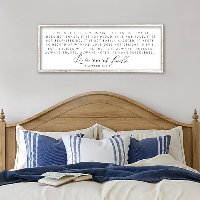 Love is Patient Kind Sign Wall Art 40"X15" 1 Corinthians 13 Bible Verse for Bedroom Above Over Bed Christianity Large Wood Framed Wall Hanging Decor (White）