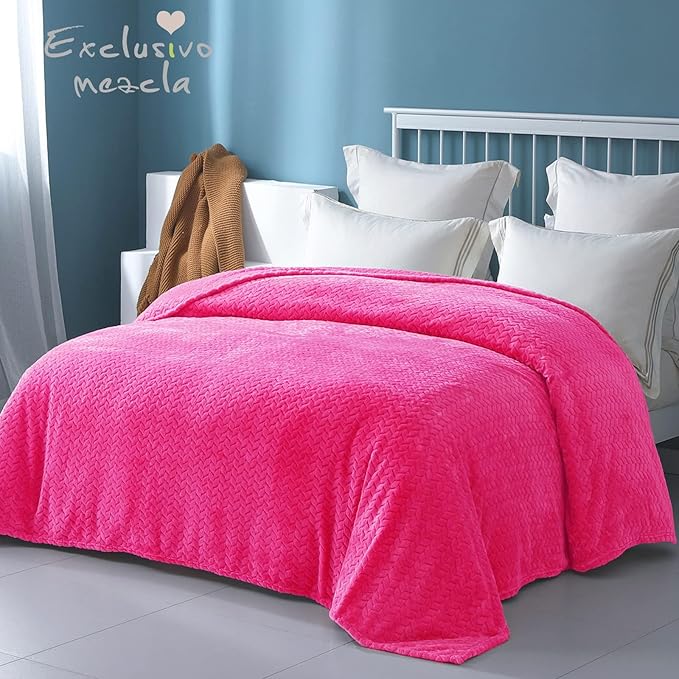 Exclusivo Mezcla Fleece King Size Blanket for Bed, 90x104 Inches Soft Cozy Jacquard Flannel Blankets, Lightweight Fuzzy Plush Warm for Women, Hot Pink
