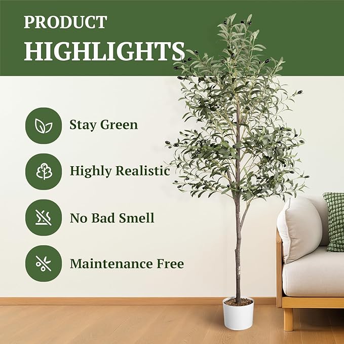 Waterproof Artificial Olive Tree, 5.5 FT Tall Faux Olive Tree for Home Indoor Decor, Floor Plant with Textured Leaves Fruits, Realistic Wood-Grain Trunk, Fake Plant for Living Room Bedroom Office