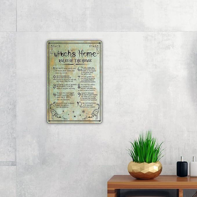 Funny Witch's Home Rules Quote Metal Tin Sign Wall Decor, Retro Do Not Bring Spirits into the House Sign for Home Decor Gifts