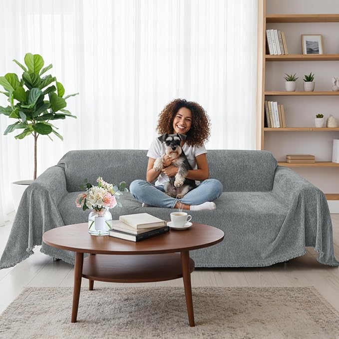 Smiry Couch Cover for Dogs, Washable Chenille Sofa Covers for 3 Cushion Couch, Soft Sofa Slipcover for Pets, Thick Sectional Furniture Protector with Tassels (Grey, 71x118 Inch)