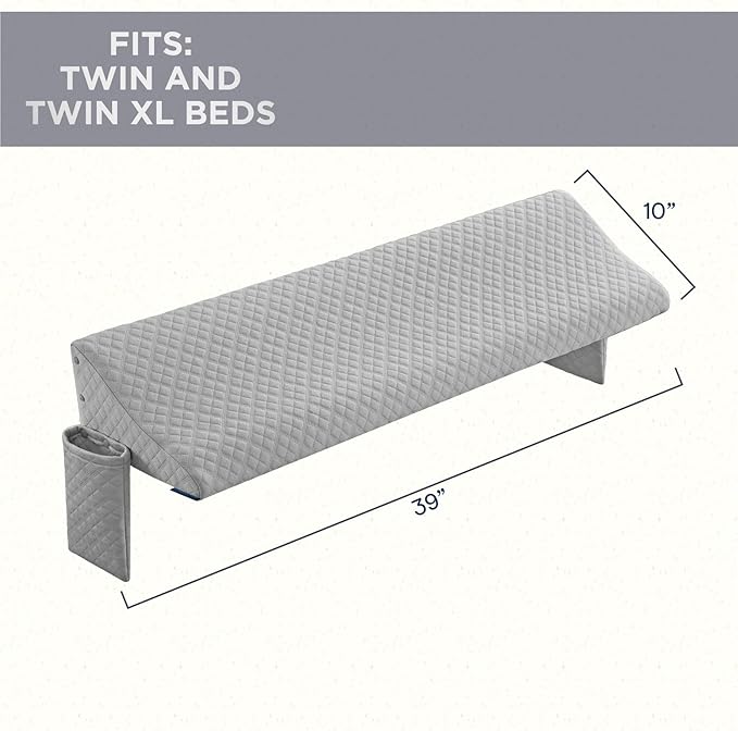 Aeropostale Foam-Filled Bed Wedge Pillow for Twin Beds – Dorm, Kids & Teen Rooms – Headboard Gap Filler with Side Pocket for Bedside Essentials, Grey