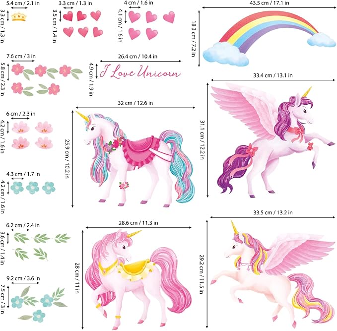 DECOWALL DS9-8072 Unicorns and Rainbow Wall Stickers Decals Birthday Decorations for Girls Party Favors Unicorn Room Decor Bedroom Gifts Kids Colorful Removable Nursery Living Art Home Princess