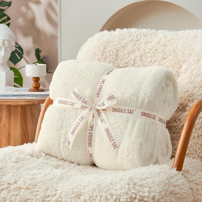 Snuggle Sac Checkered Throw Blanket Faux Fur Microfiber Blankets for Couch,Cozy Soft Warm Blanket for Sofa Bedroom Living Room,Solid Ivory,60x80 inches