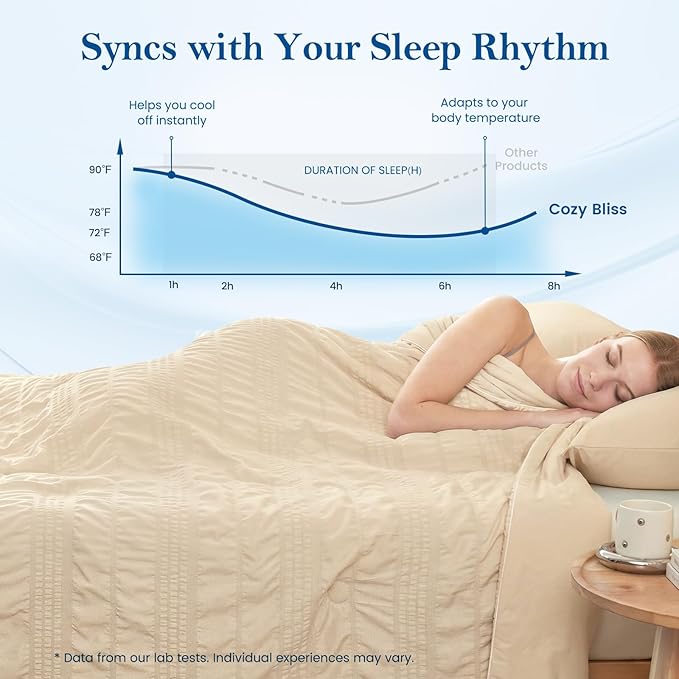 Cozy Bliss Striped Seersucker Cooling Comforter Queen Size, Lightweight Airflow Silky Cooling Bedding with Q-Max>0.45 for Bedroom, Home Decor, Hot Sleepers & Night Sweats, Khaki 90"x90"