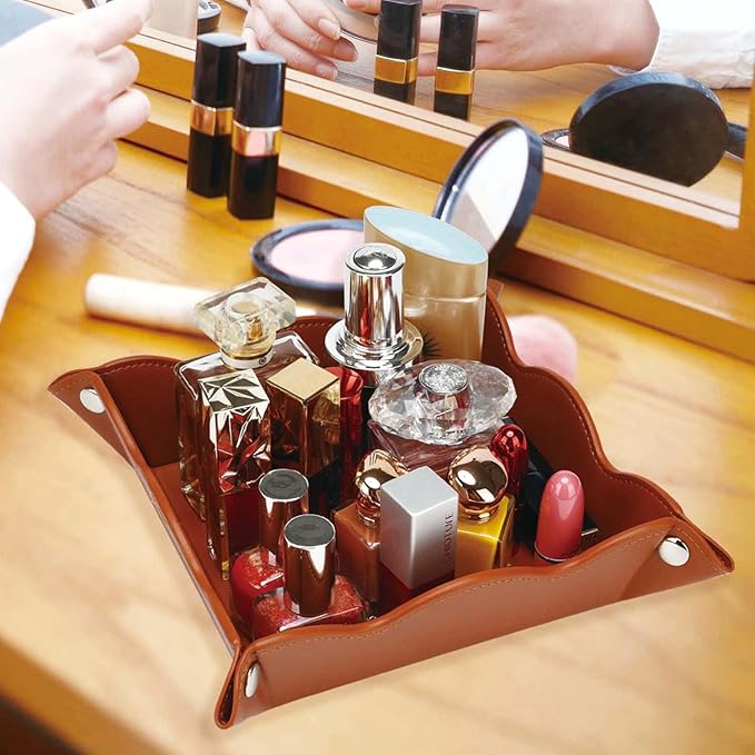 Valet Tray for Men Women 2 Pack - PU Leather Travel Catchall Tray Organizer - Desk Bedside Nightstand Storage Box for Jewelry Key Phone Remote Controller Wallet Watch Glasses Readers -Brown