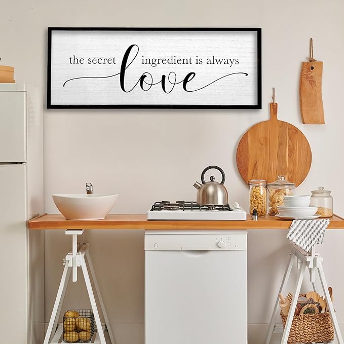 TQianJiang Kitchen Wall Decor The Secret Ingredient Is Always Love Sign 40"×15" Heartwarming Quote for Dining Room Mother's Day Large Farmhouse Rustic Wood Framed Wall Plaque Hanging Art (Black)