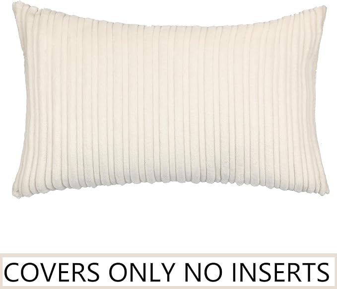 UGASA Velvet 12x20 Inch Lumbar Throw Pillow Cover, Both Sides Corduroy Striped, Soft Solid Decorative Rectangular Cushion Case for Couch/Bedroom/Car, 1 Piece, Cream