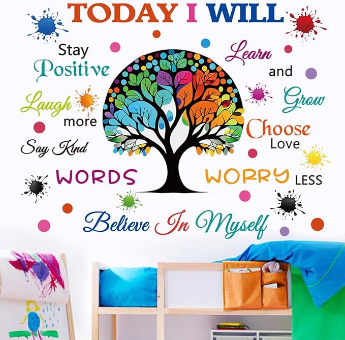 Colorful Inspirational Wall Decals Motivational Quote Today I Will Wall Stickers for Bedroom Classroom Peel and Stick Wall Decals Positive Saying Sticker (Tree Style)