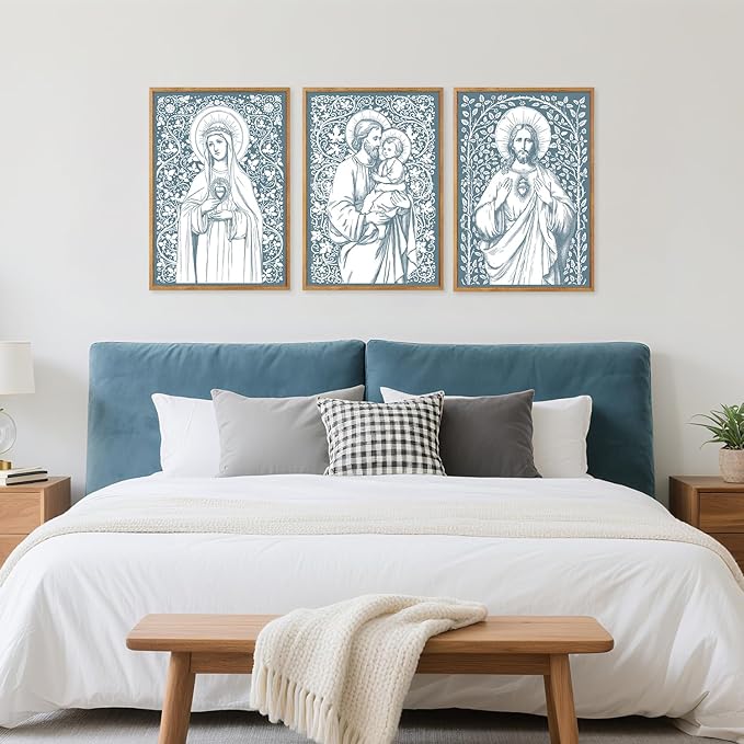 CHDITB Religious Jesus Framed Canvas Wall Art Set Of 3, Christian Wall Decor, Retro Virgin Mary Wall Painting, Christian Spiritual Healing Art Prints For Church Prayer Room Bedroom Living Room 12”X16”