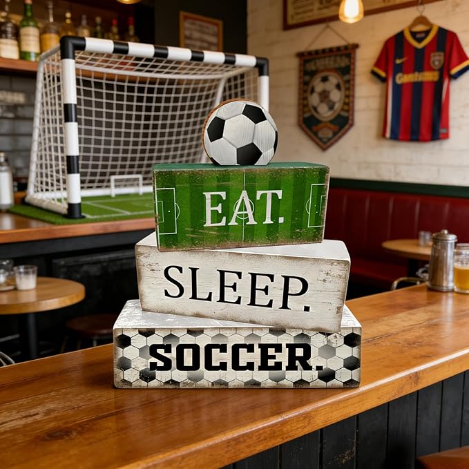 4 Pcs Soccer Table Decorations Wooden Tabletop Tiered Tray Decor Rustic Soccer Wood Block Sign Gift Table Centerpiece for Birthday Party Home Teens Room Desktop Shelf