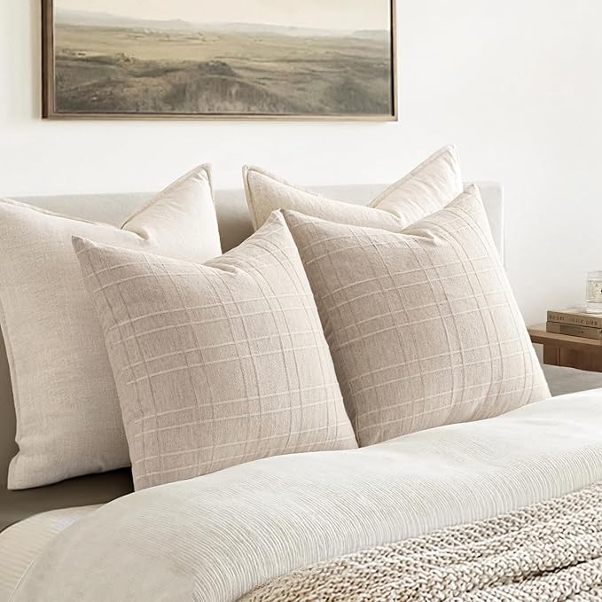 MIULEE Decorative Linen Check Throw Pillow Covers Neutral Farmhouse Vintage Pillow Covers 20x20 Set of 2 Boho Modern Home Decor for Sofa Couch Bedroom Cushion Natural Beige