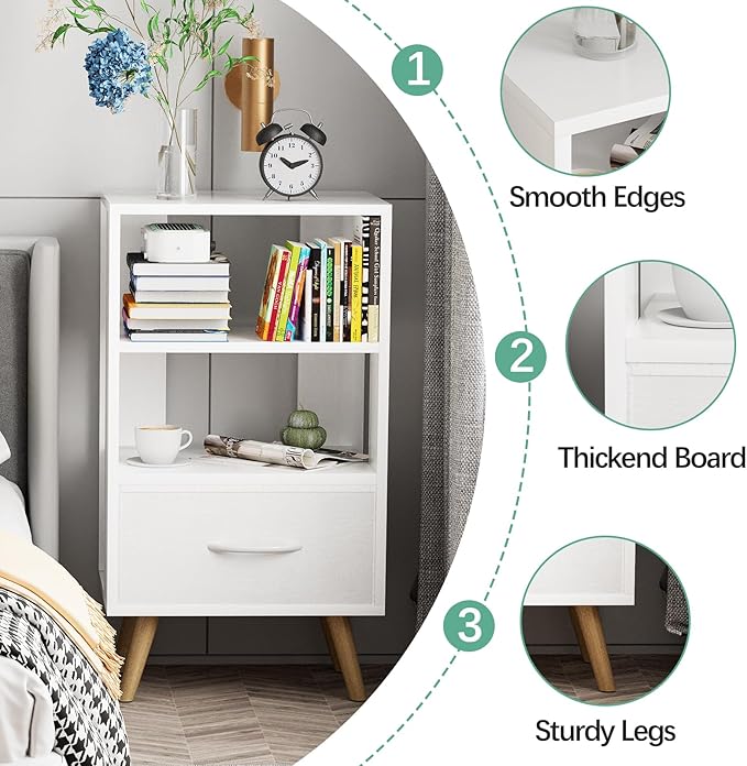 Night Stand, White Nightstand with Drawer, Side Table with Open Storage, 3-Tier Modern End Table, Bedside Table for Small Space, Living Room, Bedroom