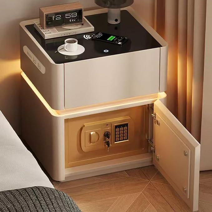 Smart Nightstand with Lock, Leather Bedside Table with Hidden Safe Built, Wood Drawer, USB and Wireless Charging, 3 Color LED, No Assembly Required (White, 13.8in)