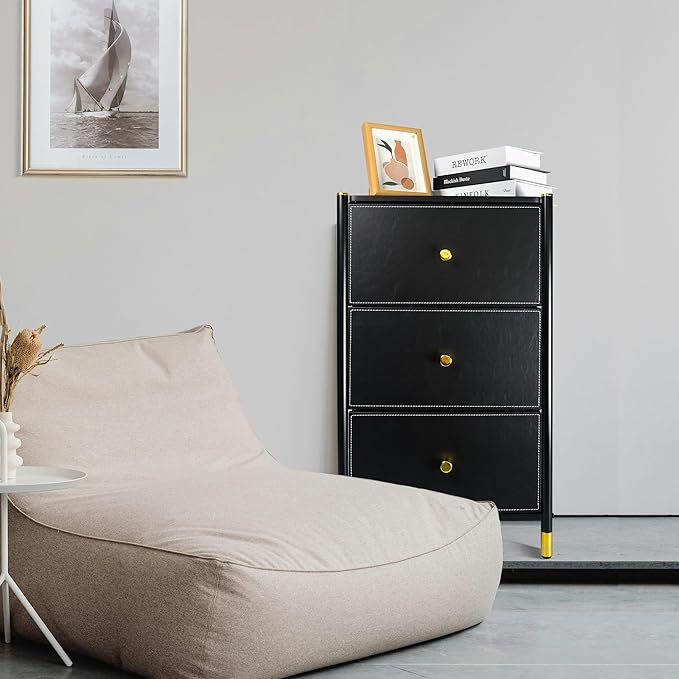 Nightstand with 3 Fabric Drawers – Bedside Table with Wood Top & Faux Leather Front Panels, Heavy-Duty Steel Frame for Bedroom Storage