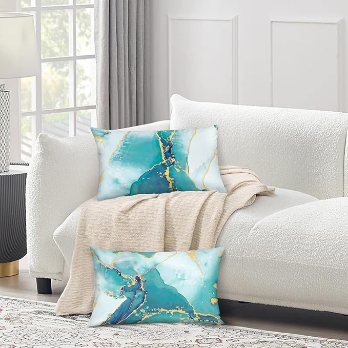 Bonhause Turquoise Marble Lumbar Pillow Covers 12 x 20 Inch Two-Sided Teal Gold Abstract Art Modern Decorative Pillow Cases for Couch Sofa Bed Home Patio Decor Set of 2