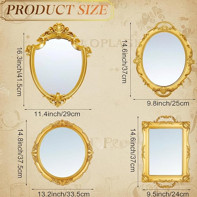 4 Pcs Vintage Gold Mirrors Set Including Small Oval Wall Mirror Antique Shield Shape Square Decorative Mirror Dresser Mirrored Tray for Bedroom Wedding Victorian Decor (Classic,Gold)
