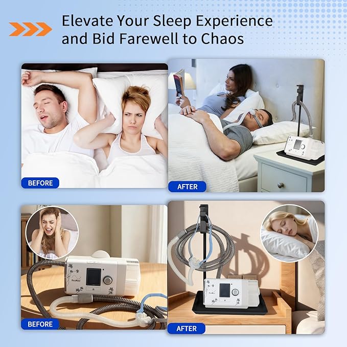 CPAP Hose Holder for Bed - (Wall-Damage-Free) Black CPAP Machine Protective Tray with Adjustable Height Hook for Hanging Mask & Accessories to Keep Bedside Tidy
