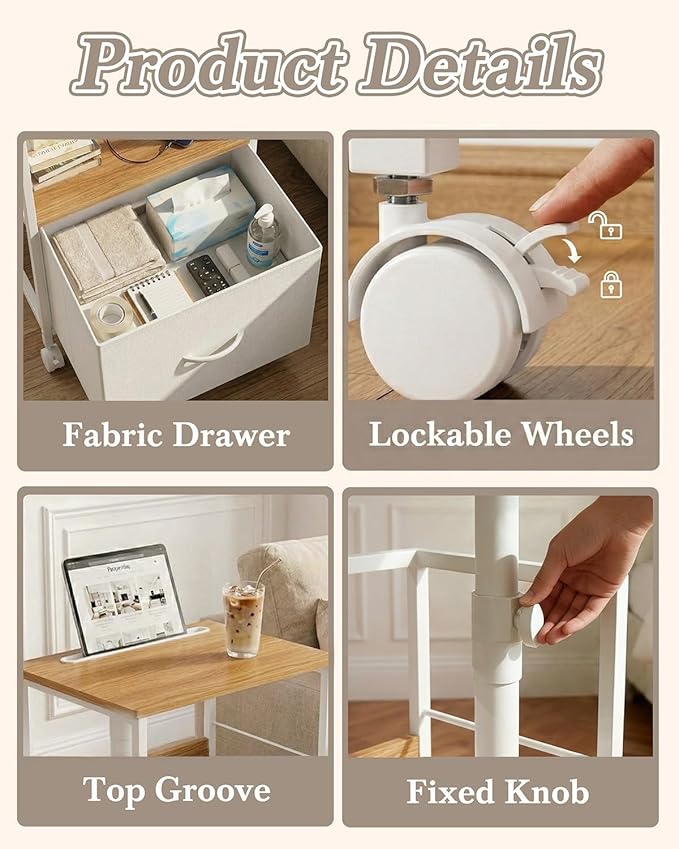 360° Swivel Nightstand with Height Adjustable, Lift Top Bedside Table with Charging Station, Rolling Night Stand with Fabric Drawer, End Table with Wheels, for Bedroom, Living Room, Natural White