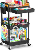 3 Tier Rolling Storage Carts with Removable Drawers, Lockable Wheels, Hooks & Cup Holders – Easy Assembly Storage Organizer for Kitchen, Bathroom, Office, Craft Room, Makeup, Black