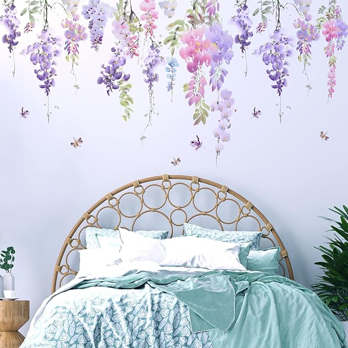 Purple Flowers Wall Decals Peel and Stick, Large Hanging Floral Vinyl Wall Stickers, Removable Vine Home Decor Art for Bedroom Living Room Classroom Office