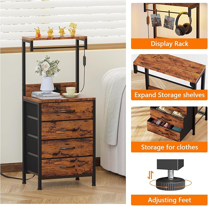 Furnulem Night Stand with Charger Station, 38'' Tall Nightstand with 4 Fabric Drawers and LED Lights, Bedside Table with Storage Shelf for Bedroom, Office, Metal Frame, Wood Shelves, Rustic Brown | 4 Fabric Drawers, LED Lights, Storage Shelf, for Bedro...