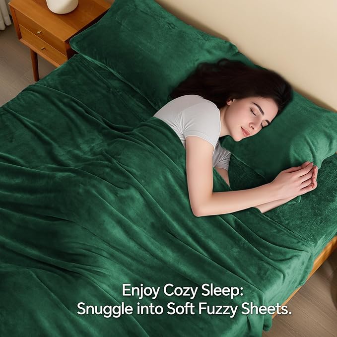 BEDELITE Flannel Sheets Queen Size Dark Green - Super Soft Fleece Sheets Set Fluffy Extra Plush, 4 Piece(Include Fitted Sheet, Flat Sheet, 2 Pillowcases)