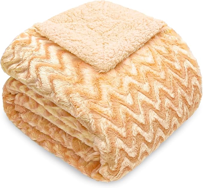 Whale Flotilla Faux Fur Sherpa Throw Blanket for Couch Sofa, Cozy Reversible Fuzzy Fluffy Plush Throws for All Season, Warm and Soft, 50x60 Inch, Light Gold