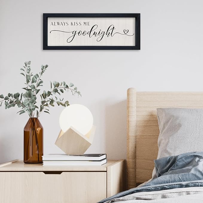 SRSZHIYUE Always Kiss Me Goodnight Sign 16"X6" Farmhouse Above Over Bed Couples Love Quotes Theme Master Bedroom Wall Decor Romantic Wedding Gift Hanging (Black)