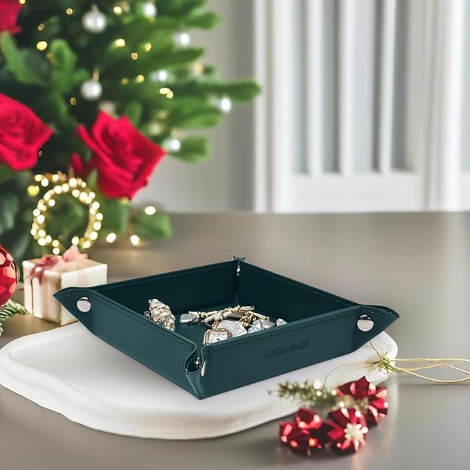 UnionBasic Valet Tray, Jewelry Tray for Rings Watches Earrings, Entryway Catchall Caddy for Coins Keys Change, Nightstand Organizer Bedside Valet Holder, Trays for Electronic Gadgets, Vintage Green