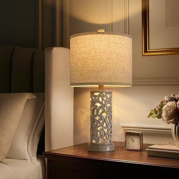 22" Dual Light Table Lamps Set of 2, Touch Lamp with 3-Level Dimming, Lamps for Bedroom with USB A+C Charging Ports, Farmhouse Lamps for Living Room and Night Stands