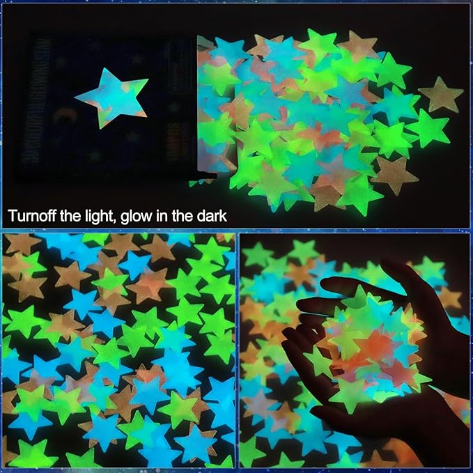 AM AMAONM 100pcs Glow in The Dark Luminous Stars Fluorescent Noctilucent Plastic Stars Wall Stickers Glowing Stars Decals for Home Art Decor Nursery Ceiling Kids Babys Bedroom Room Multicolor