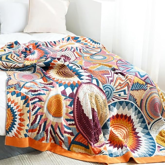 Boho Blanket for Bed 100% Cotton Bohemian Throw Blankets Ultra Soft Woven Muslin Decorative Blankets All Seasons Vintage Quilt Knitted Blanket for Sofa Chair (Colorful, 60"x80")