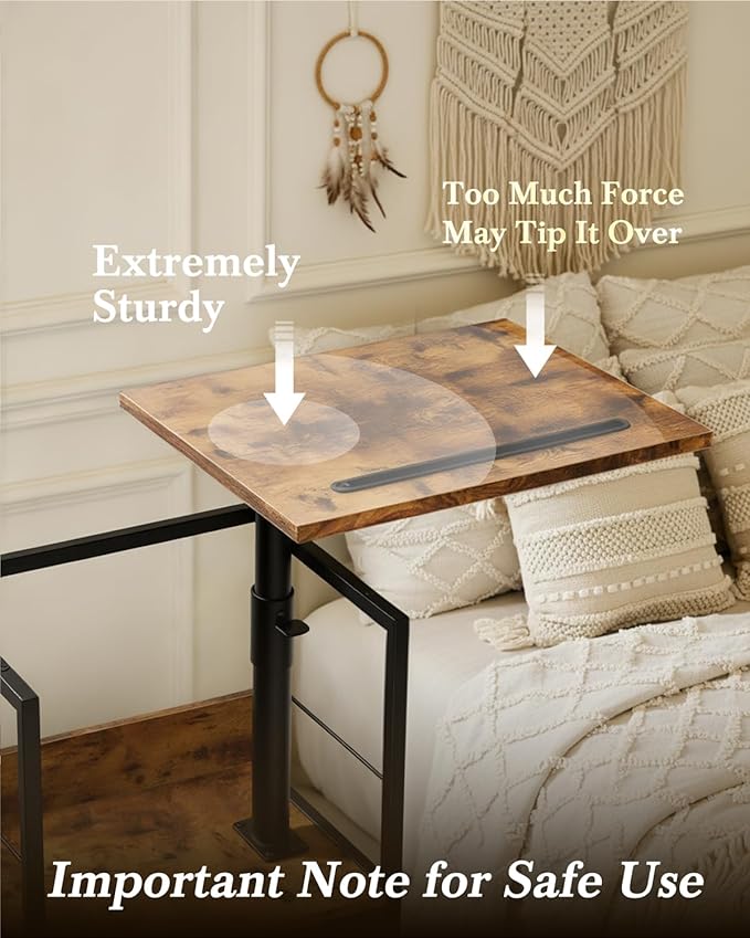 Swivel Lift Top Nightstand, 2-Tier 360° Adjustable Bedside Table, Rolling Night Stand with Wheels, Small End Table with Fabric Drawer, for Bedroom, Living Room, Rustic Brown
