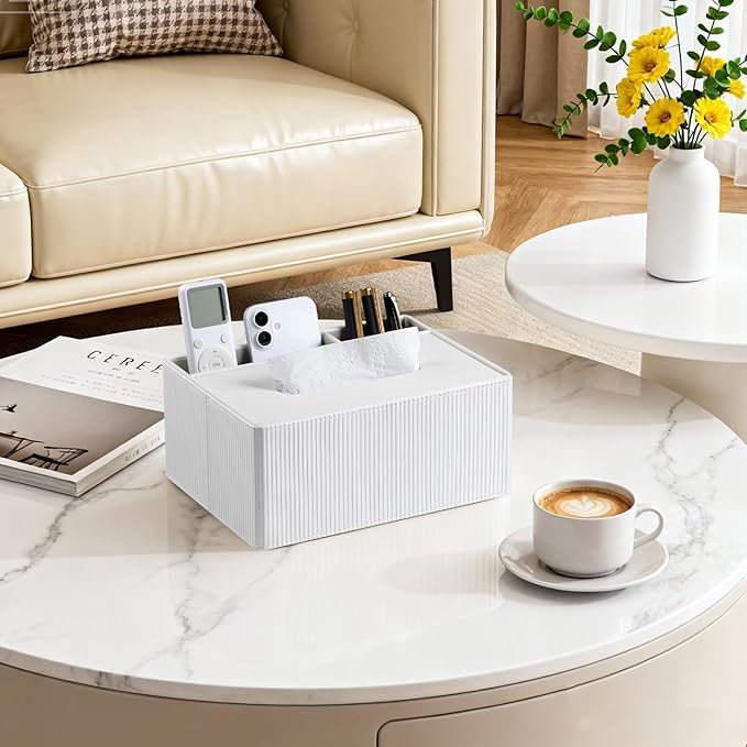 Tissue Box Cover Rectangle with 2 Compartments Remote Holder, PU Leather Tissue Box Holder Rectangle for Livingroom NightStand, Tissue Holder for 120(3-Ply)/160(2-Ply) Tissue Box (Ivory)