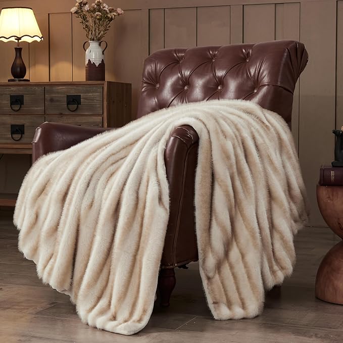 NEWCOSPLAY Faux Fur Twin Blanket Brown Luxury Fluffy Thick Warm Blanket for Couch Sofa Bed 1000GSM (Stripe Brown Thick, Twin(60"x80"))