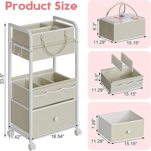 2In1 Baby Diaper Caddy Organizer and Storage, 3 Tier Rolling Cart with Drawer, Mobile Utility Cart Baby Dresser Clothes Organizer for Crib, Art & Craft Storage, White, 17"W x 11.42"D x 33.5"H
