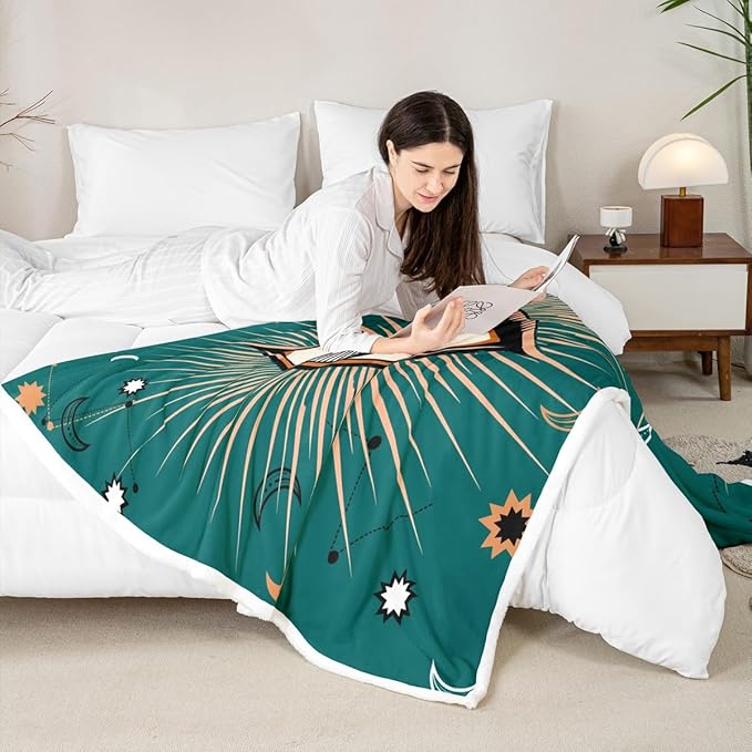 Eye Stars Crescent Throw Boho Sun Moon Fleece Blanket Soft Lightweight for Bed Couch, Exotic Tribal Indian Fatima Hamsa Oriental Mysterious Sherpa Blanket for Kids Teen Adults Queen 90"x90"