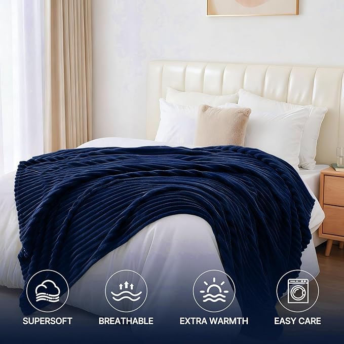 Nookly Navy Fleece Blanke Queen Size, Soft Lightweight Ribbed Plush Bed Blanket, Cozy All-Season Striped Fleece for Bedroom and Home Décor, 90x90 Inches