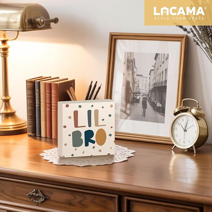 Lacama Boho Boy Nursery Wooden Box Sign, Little Brother Decorations Wood Block Signs, Twin Room Wood Sign for Toddler Boys Room Bedroom Playroom Desk Shelf Wall Decor 5x5 Inches