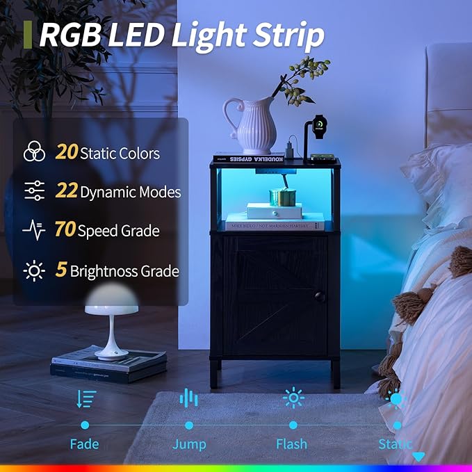 Yoobure Farmhouse NightStand with Charging Station，Wood Night Stand End with USB Ports, LED Bed Side Table with Storage Cabinet，Bedside Table for Bedroom, Living Room Black