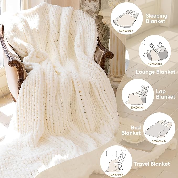 Chunky Knit Blanket - Luxury Soft Cozy 50 * 60 Throw Blanket,100% Woven Blanket Rope Knot Throw Blanket for Couch, Sofa, Home Decor, Gift - Machine Washable (Ivory White, 50 * 60)