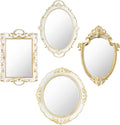 4 Pcs Vintage Gold Mirrors Set Including Small Oval Wall Mirror Antique Shield Shape Square Decorative Mirror Dresser Mirrored Tray for Bedroom Wedding Victorian Decor (Elegant,White)