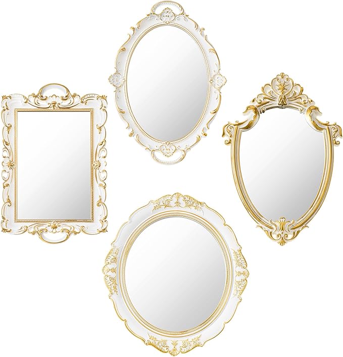 4 Pcs Vintage Gold Mirrors Set Including Small Oval Wall Mirror Antique Shield Shape Square Decorative Mirror Dresser Mirrored Tray for Bedroom Wedding Victorian Decor (Elegant,White)