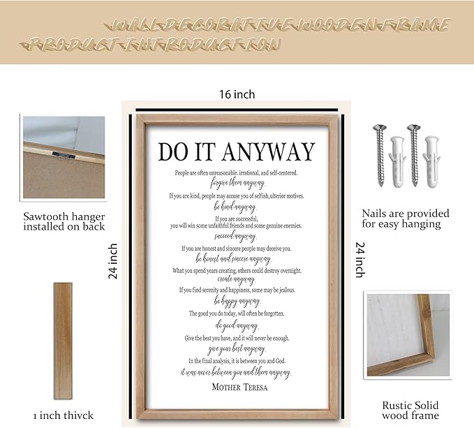 comurdyo Do It Anyway Wall Decor 24"x16" Mother Theresa Quotes Inspirational Sign Bible Verse Christian Motivational Modern Bedroom Vintage Wood Framed Farmhouse Wall Hanging Art (Wood)